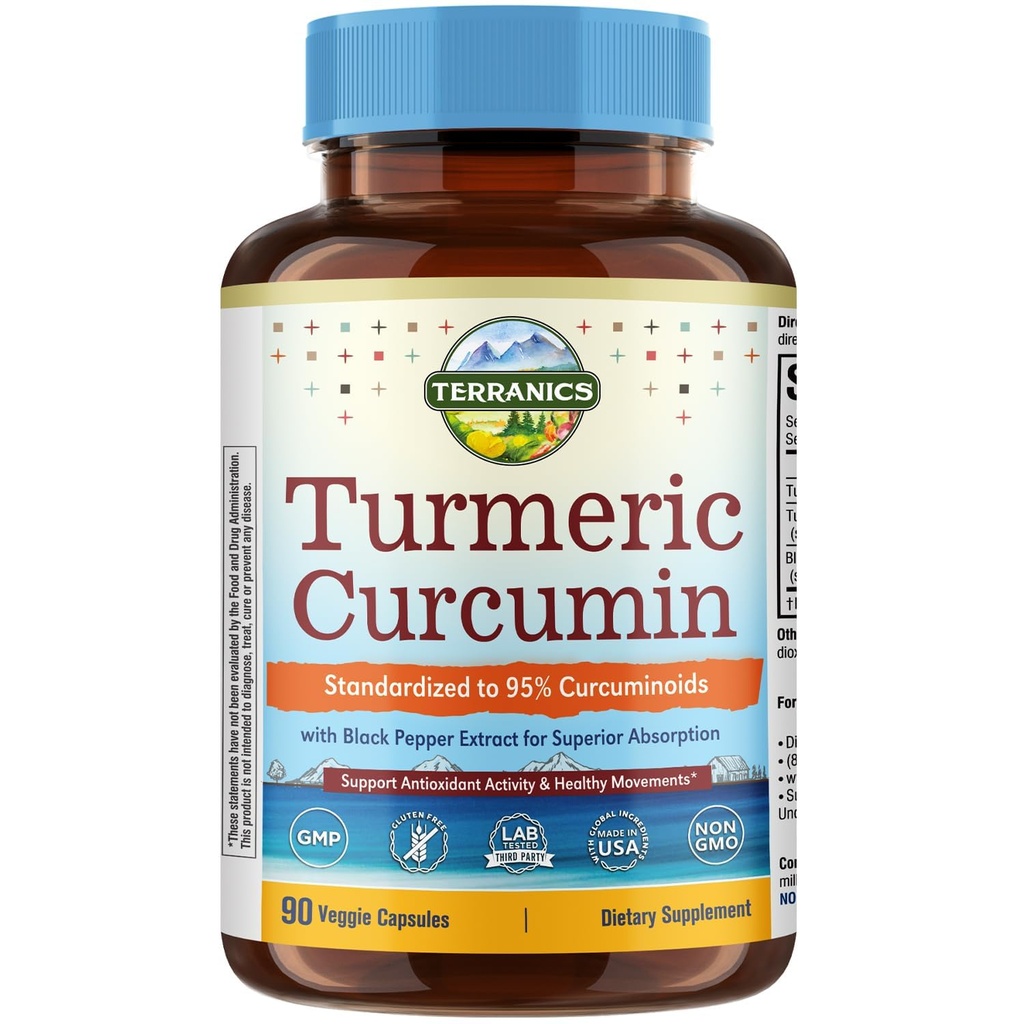 Gurkemeje Supplement 1800mg, med sort peber 15mg for maksimal absorption, 95% Curcuminoider, Mobility & Antioxidant Support, Made in USA, Non- GMO, No Gluten, 90 Vegan Kapsler