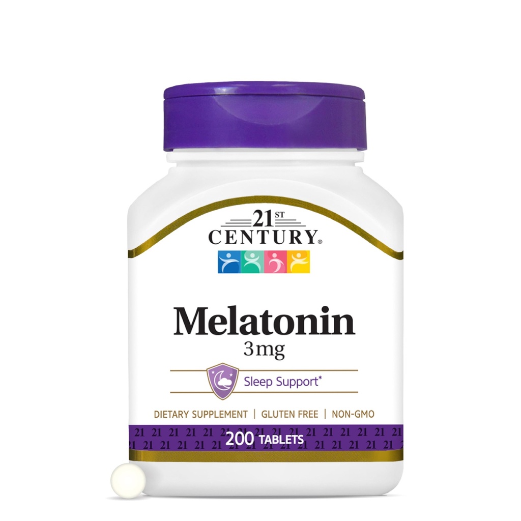 21. Century Melatonin 3 mg Gentle Strength Tablets, 200 Greve, Søvnhjælp til voksne, fremmer afslapning og rolig søvn, Non- Habit Danning, Gluten- Free, Non- GMO