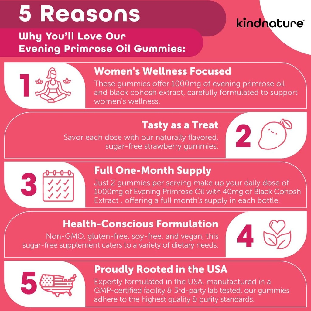 kindnature Aften Primrose Oil Gummies for Women - 1000mg med Black Cohosh Extract - Hormonal Balance, PMS & Menopause Support - Vegan, Sugar- Free, Non- GMO