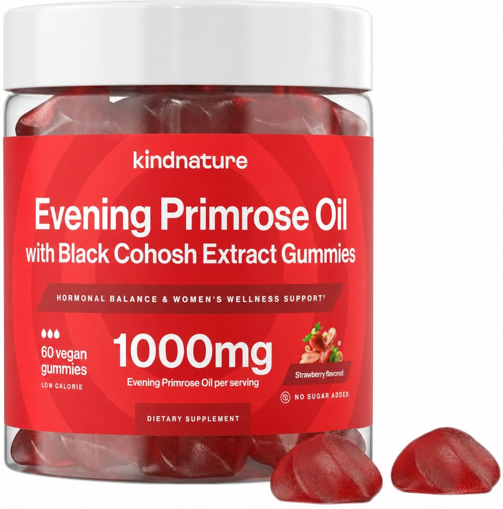kindnature Aften Primrose Oil Gummies for Women - 1000mg med Black Cohosh Extract - Hormonal Balance, PMS & Menopause Support - Vegan, Sugar- Free, Non- GMO