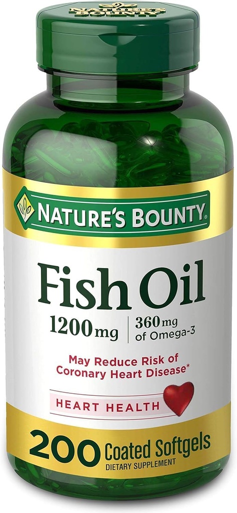 Fish Oil by Nature 's Bounty, Kosttilskud, Omega 3. Understøtter Heart Health, 1200 Mg, 200 Rapid Release Softels