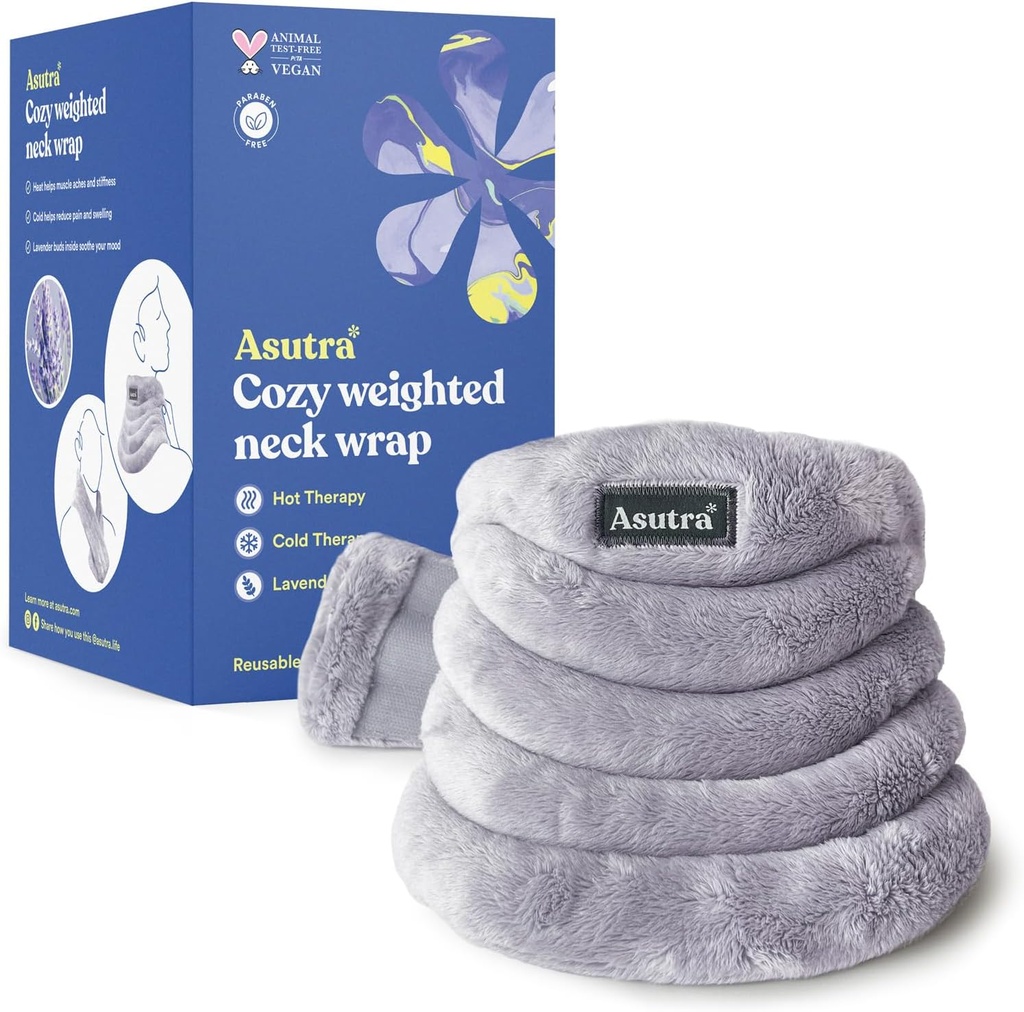 ASUTRA Vægtet Hals Wrap, Plush Gray - Hånd- Gratis Mikrowaveable opvarmning Pad til hals og skuldre, Hot and Cold Compress, Lavendel Aromaterapi