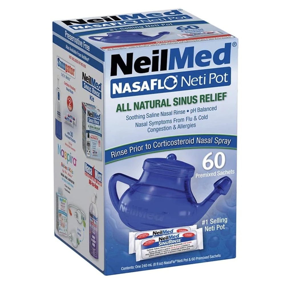 NeilMed NasaFlo Unbreakable Neti Pot med 60 Premixed Pakninger