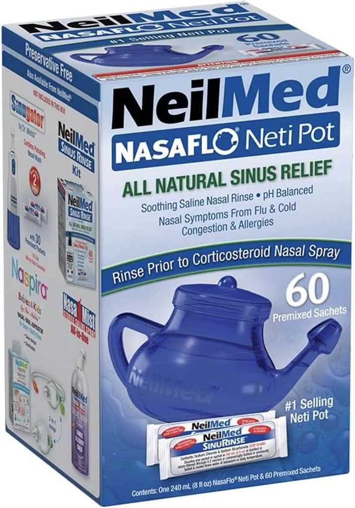 NeilMed NasaFlo Unbreakable Neti Pot med 60 Premixed Pakninger