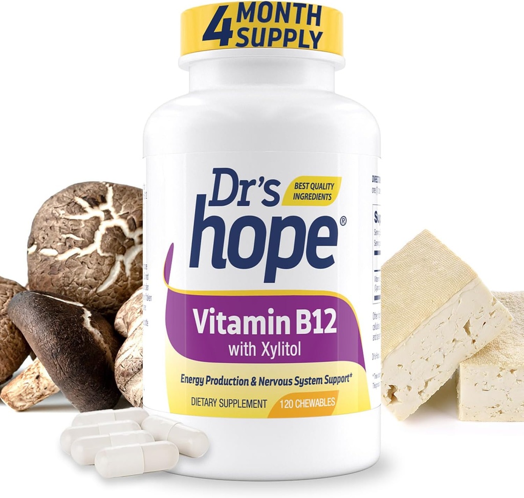 Vitamin B12 1000 Mcg, B12 Vitamin 1000 Mcg Hjælp til at øge Metabolisme, Energiproduktion og Nervesystemet Support, 120 tyggetabletter - 1 tablet Per Servering, Non- GMO & Gluten Free