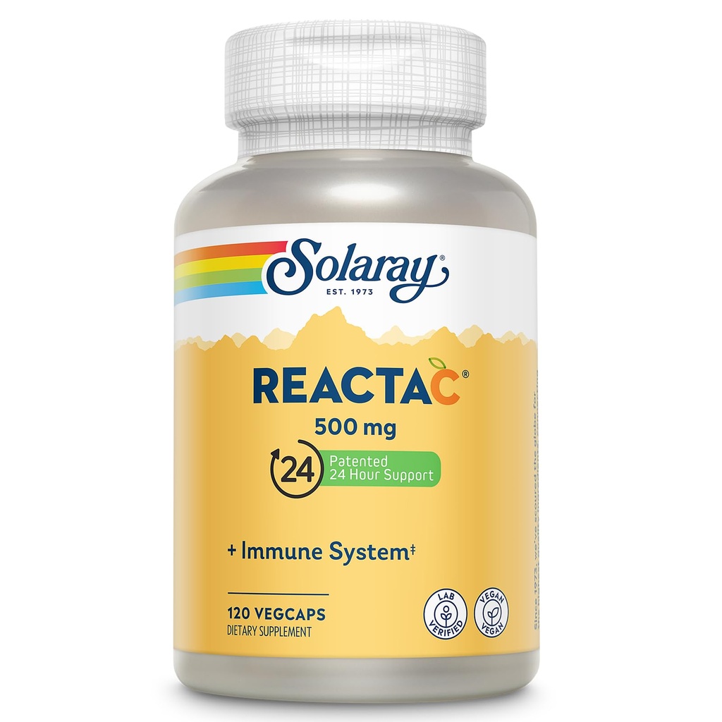 SOLARAY Reacta- C med 500mg C-vitamin, 200mg Bioflavonoid koncentrat, immunforsvar Vitaminer, Patenteret 24 timers immunitet Booster Support, Vegan, 120 kapsler, 120 Servere.