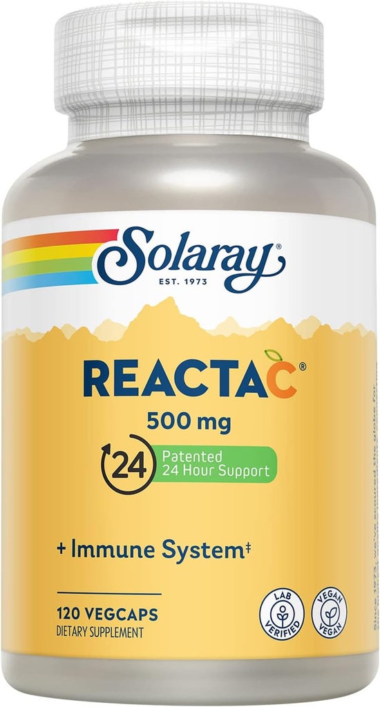 SOLARAY Reacta- C med 500mg C-vitamin, 200mg Bioflavonoid koncentrat, immunforsvar Vitaminer, Patenteret 24 timers immunitet Booster Support, Vegan, 120 kapsler, 120 Servere.
