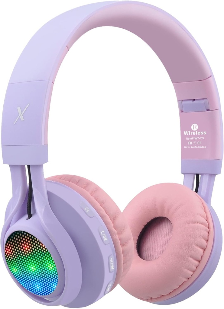 Riwbox WT-7S Kids Bluetooth hovedtelefoner Light Up, Foldable Stero trådløst headset, med mikrotelefon og lydstyrke kontrol, Komfortabel og holdbar, til PC / Tablet / TV / Rejser (lilla)