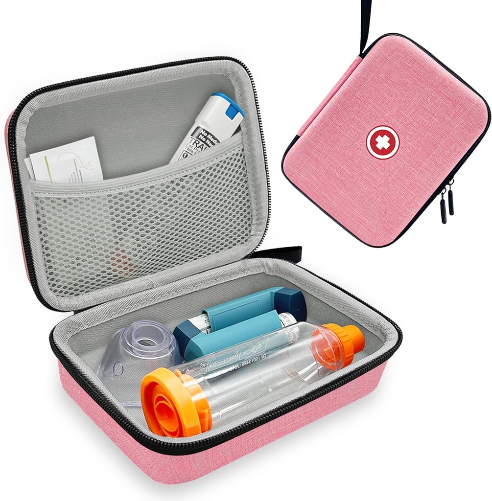Hard Inhaler Spacer sag for børn og voksne, Astma Inhaler sag med Mesh Pocket til medicin og andet tilbehør, Pink (Bag Only)