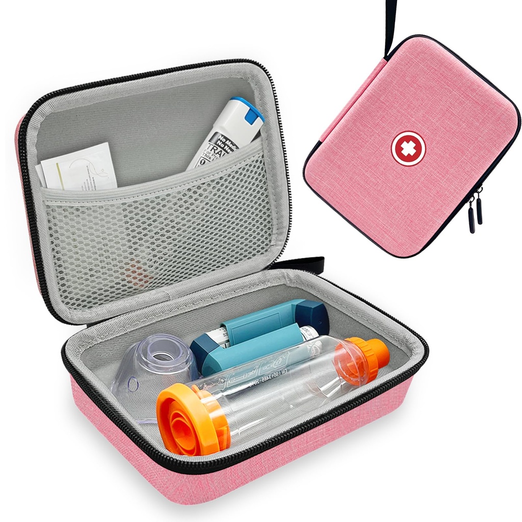 Hard Inhaler Spacer sag for børn og voksne, Astma Inhaler sag med Mesh Pocket til medicin og andet tilbehør, Pink (Bag Only)