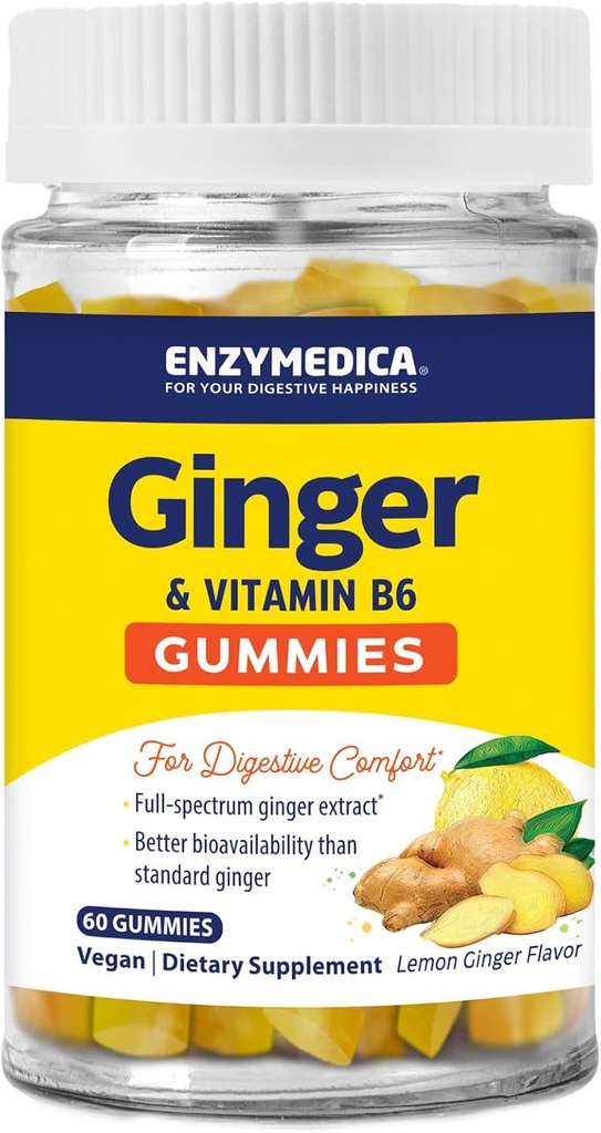 Enzymedica, Ginger & Vitamin B6 Gummies, Support til Lejlighedsvis Kvalme & Forstoppelse, High Potency, Tilsvarende 200 mg Ginger Extract, 60 Greve