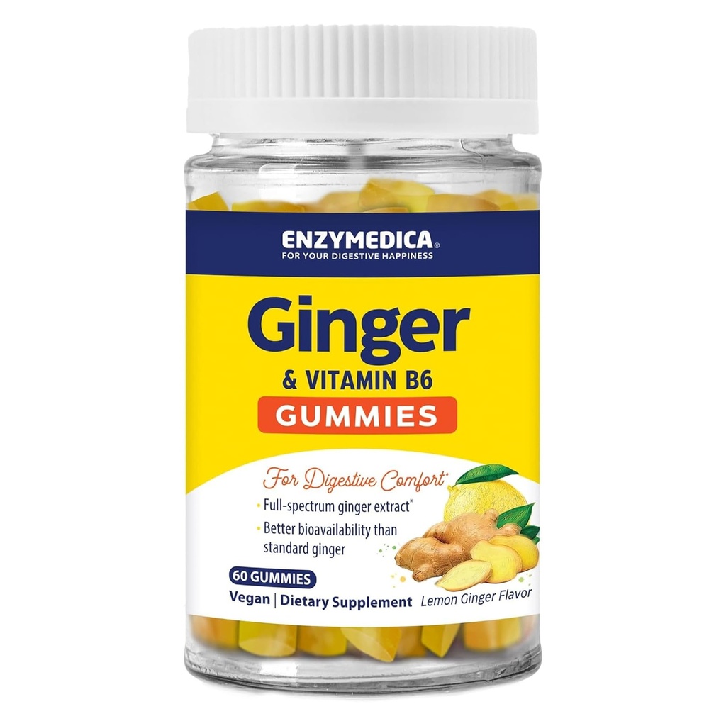 Enzymedica, Ginger & Vitamin B6 Gummies, Support til Lejlighedsvis Kvalme & Forstoppelse, High Potency, Tilsvarende 200 mg Ginger Extract, 60 Greve