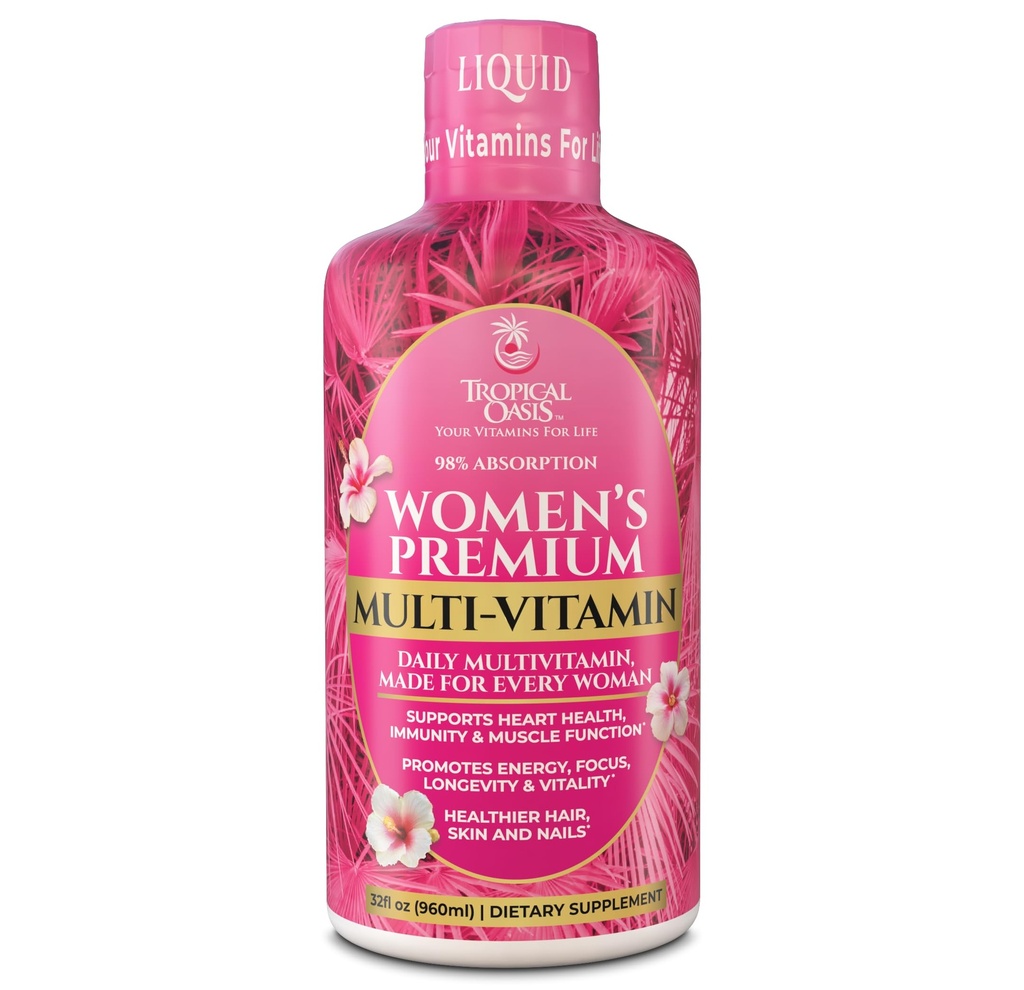 Premium Flydende Multivitamin til kvinder • 124; Sugar Free Women 's Multivitamin • 124; 100 + Vitamin, Minerals & Herbs Promote Anti- Aging, Heart, Brain & Bone Health • 124; 98% Absorptionsrate • 124; Non- GMO • 124; 32 Serv