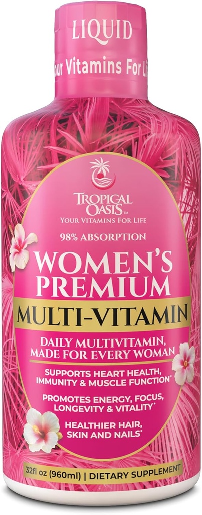 Premium Flydende Multivitamin til kvinder • 124; Sugar Free Women 's Multivitamin • 124; 100 + Vitamin, Minerals & Herbs Promote Anti- Aging, Heart, Brain & Bone Health • 124; 98% Absorptionsrate • 124; Non- GMO • 124; 32 Serv