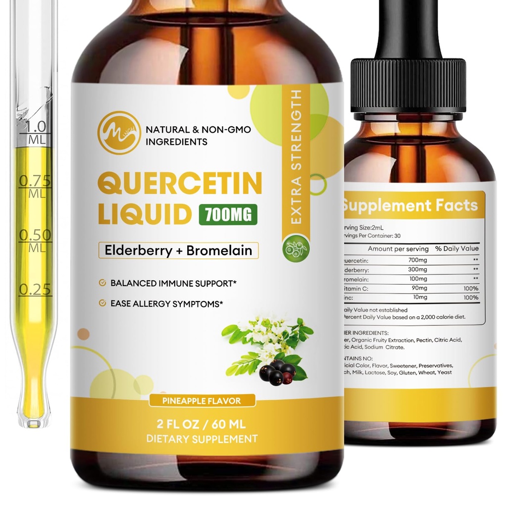 Quercetin Liquid Drops - Quercetin Kosttilskud 700mg - 4X stærkere end piller & kapsler - 5 i 1 Quercetin med bromelain Elderberry Vitamin til Immunitet Sundhed Luftveje sundhed hud- 2 Fl Oz