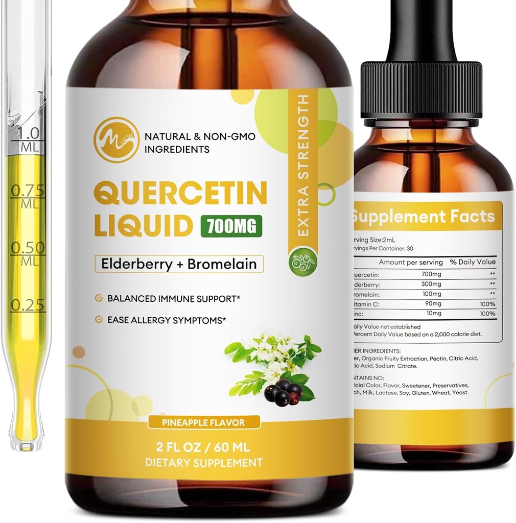 Quercetin Liquid Drops - Quercetin Kosttilskud 700mg - 4X stærkere end piller & kapsler - 5 i 1 Quercetin med bromelain Elderberry Vitamin til Immunitet Sundhed Luftveje sundhed hud- 2 Fl Oz