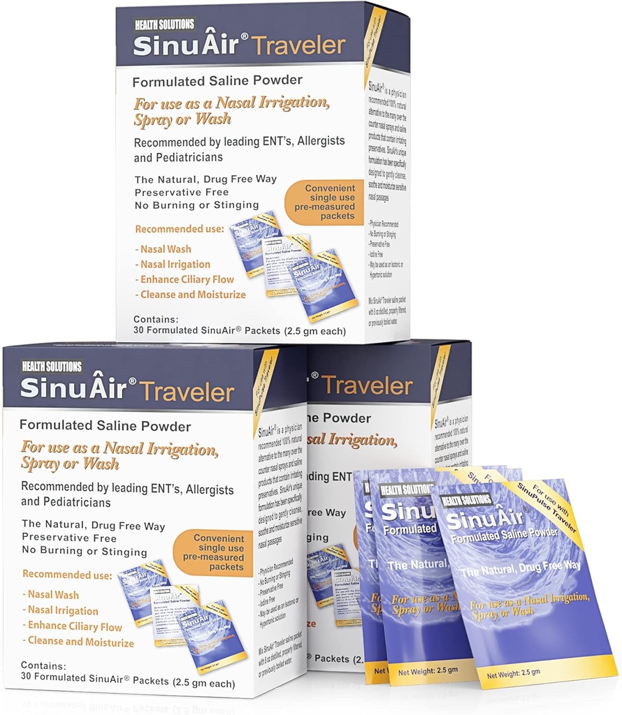 SinuAir 2.5 Gram Saline Pakker - Natriumchlorid med kalium & calcium, Salt Solution Powder Refill Pakker til Nasal Vanding Machine, 90 Pakker