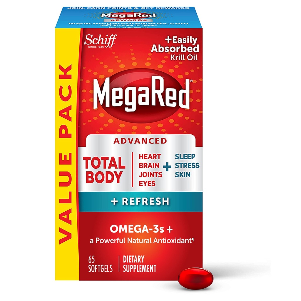 MegaRed Omega-3 Blend Total Body + Genopfrisk 500mg Softgel, (65 Tæl i en flaske), Nemt Absorberet Krill Oil, at støtte dit hjerte, Joints, Brain & Eyes