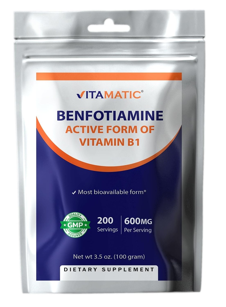 Vitamatisk benfotiamin Pure Powder 600 mg per servering - 100 Bedste - Også kaldet Fat Opløselig Vitamin B1