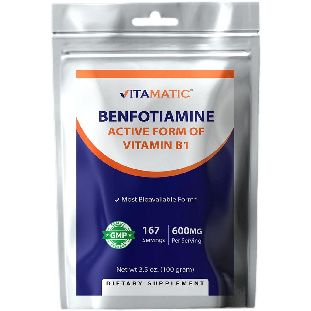 Vitamatisk benfotiamin Pure Powder 600 mg per servering - 100 Bedste - Også kaldet Fat Opløselig Vitamin B1