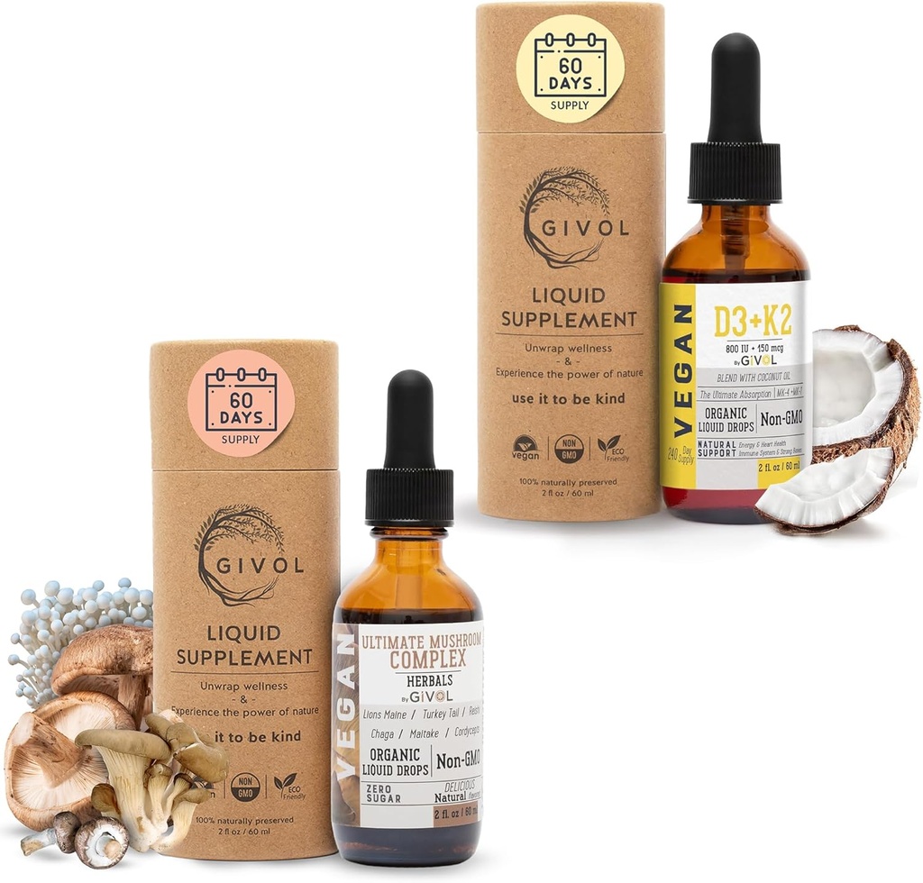 Ultimate Mushroom Complex Liquid Drops with Vitamin D3 + K2 (MK4 & MK7) for Natural Wellness: Plant-Based, Vegan Formula with Fractionated Coconut Oil - Supports and Daily Vitality