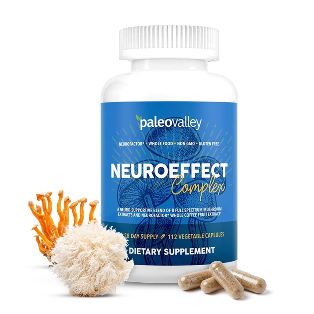 Paleovalley NeuroEffect - Neuro Mushroom Coffee Nutritional Supplement for Focus, Memory, and Energy Support - 28-Day Supply - 8 Full Spectrum Mushroom and Whole Coffee Fruit Extracts