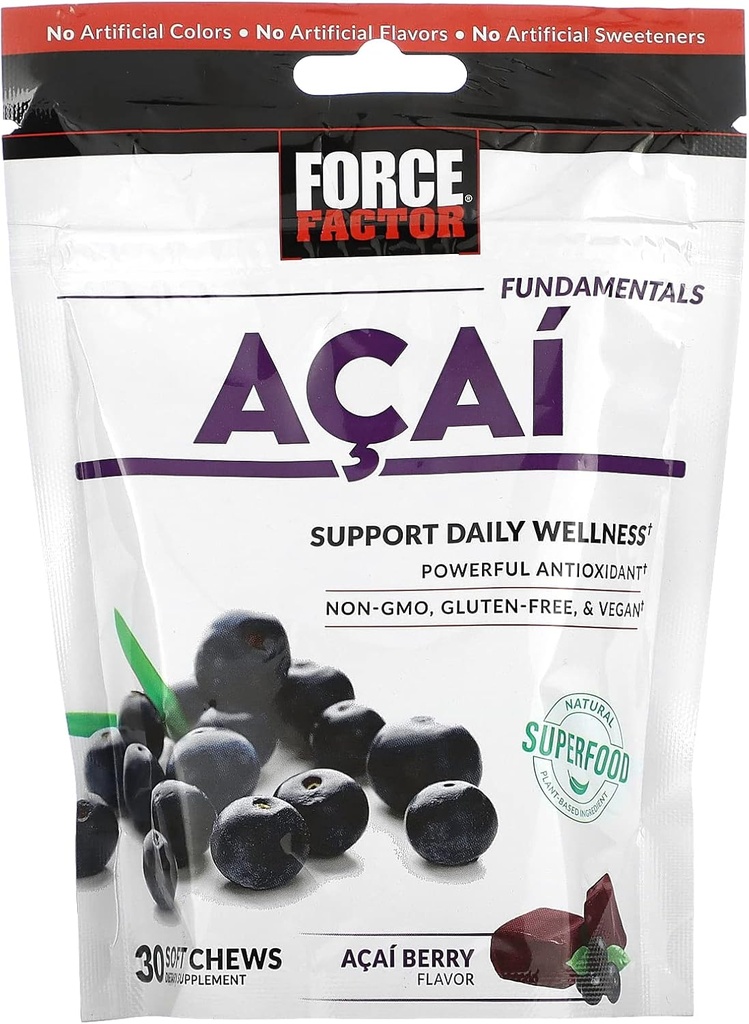 Kraftfaktor Acai Soft Chews for Immunity Support, Oxidativ Stress Defense, og Daglig Wellness, Superfood og Antioxidanter Supplement, Non- GMO, Gluten- Free, og Vegan, Acai Berry Flavor, 30 Soft Chews