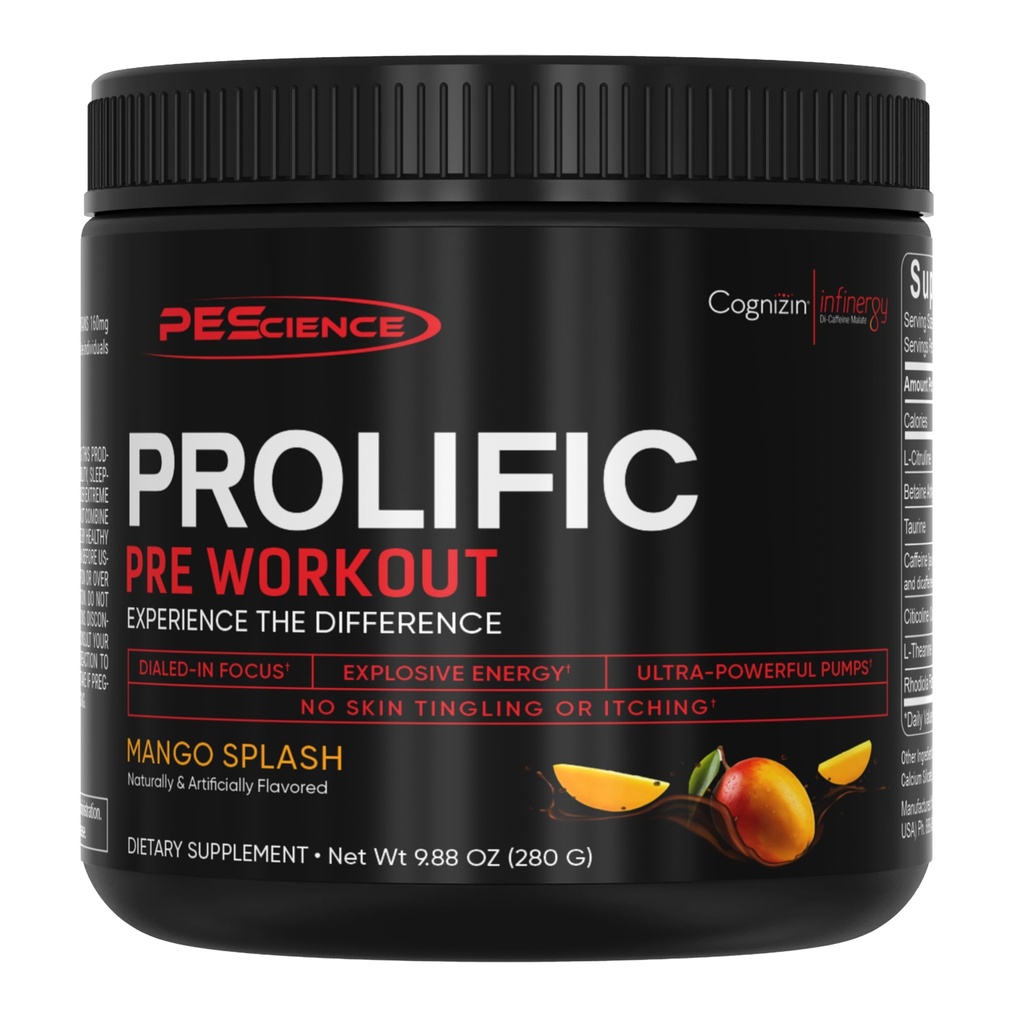 PEScience Prolific Pre Workout Pulver til mænd og kvinder med L- Citrullin Nitroxide Booster, Energy Powder & Nootrop for Focus - Fortræning uden Beta Alanine - 40 Scoops, Mango Splash