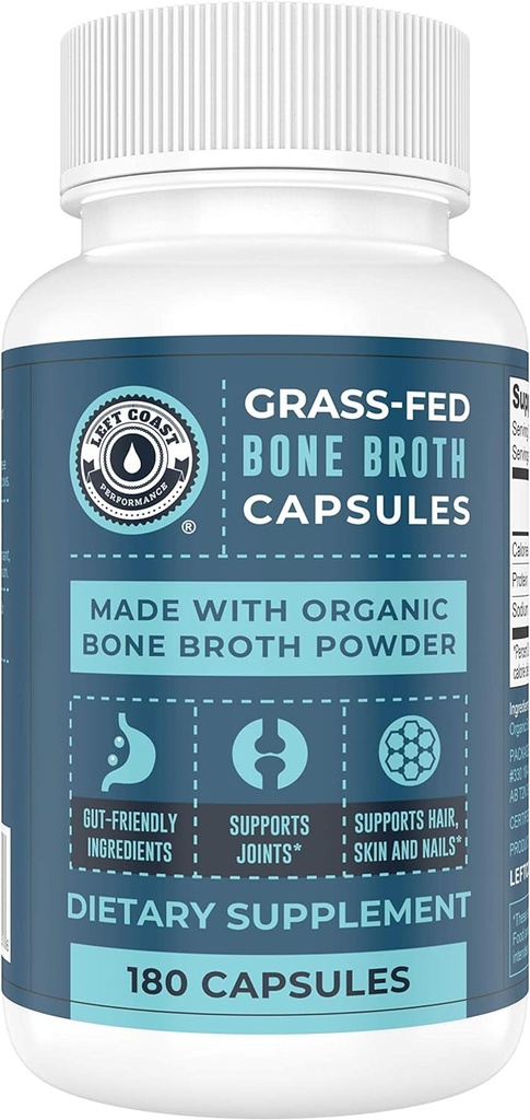 Grass-Fed Bone Broth Capsules with Collagen from Organic Bone Broth Powder. Collagen Supplement for Nails, Hair, Joints and Digestive Health* Support. Gut Friendly-Ingredients, 180 Capsules