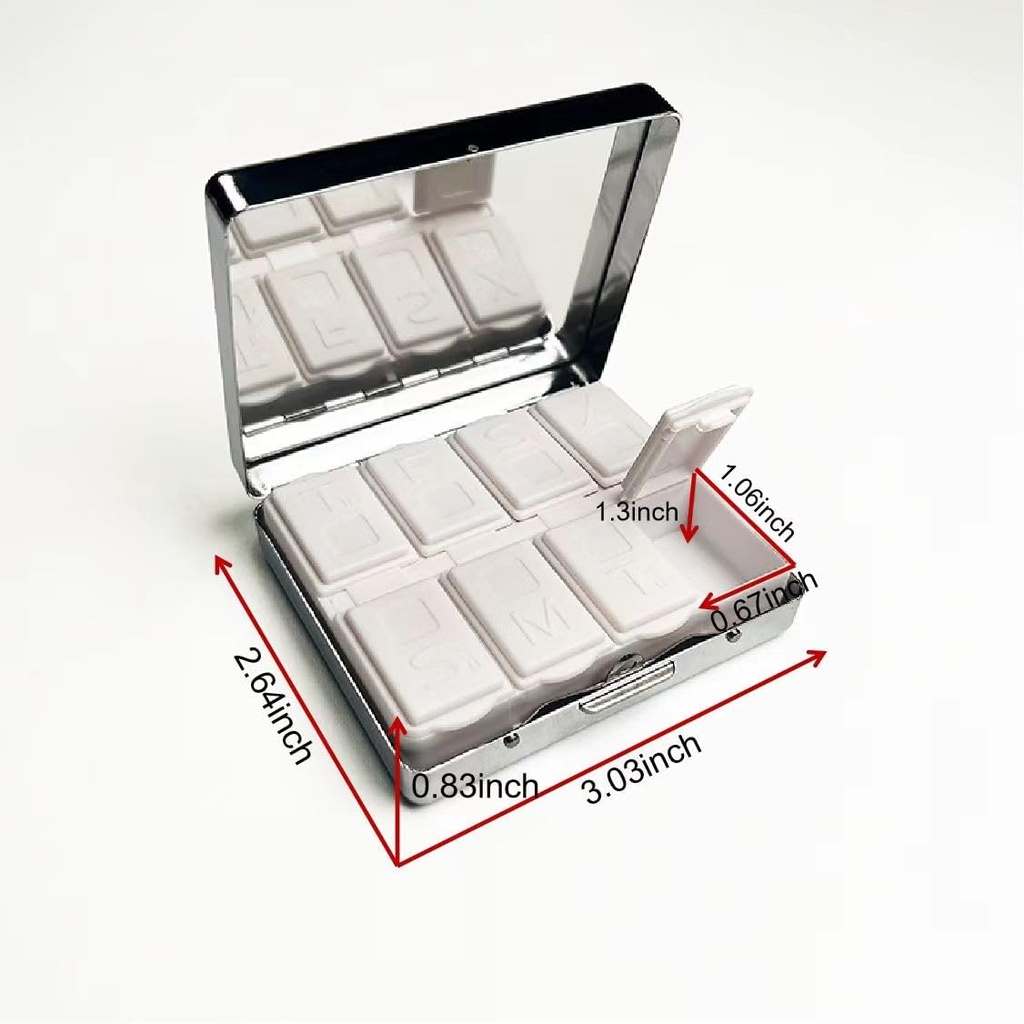 Magiske blomster 7 dage forkromet skinnende sølv pille Organizer med spejl indeni har 8 separate afdelinger rektangel 7 dage Pill Box Pill sag
