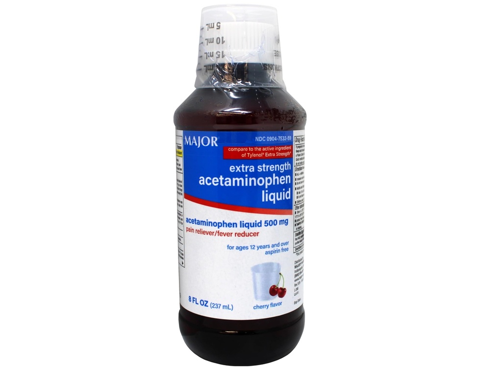 MAJOR Voksen Ekstra styrke Flydende Acetaminophen - 500 mg Acetaminophen / 15 ml Dosis - Smerte Reliever og Feber Reducer - Cherry Flavor - 8 Fl Oz (Emballage Maj Vary)