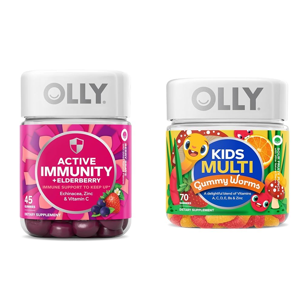 OLLY Gummy Aktiv Immunitet + Elderberry 45 Gummies & Kids Multivitamin Gummy Worms 70 Greve