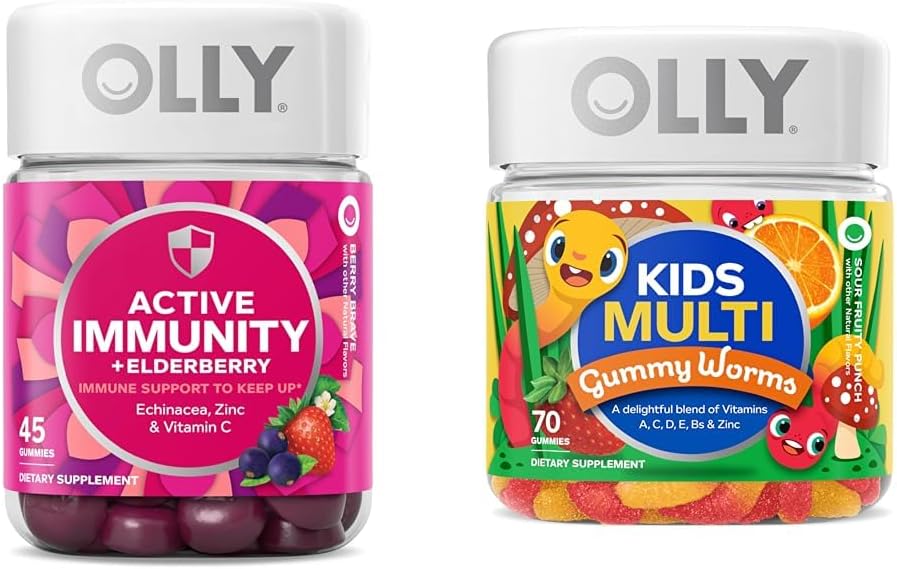OLLY Gummy Aktiv Immunitet + Elderberry 45 Gummies & Kids Multivitamin Gummy Worms 70 Greve