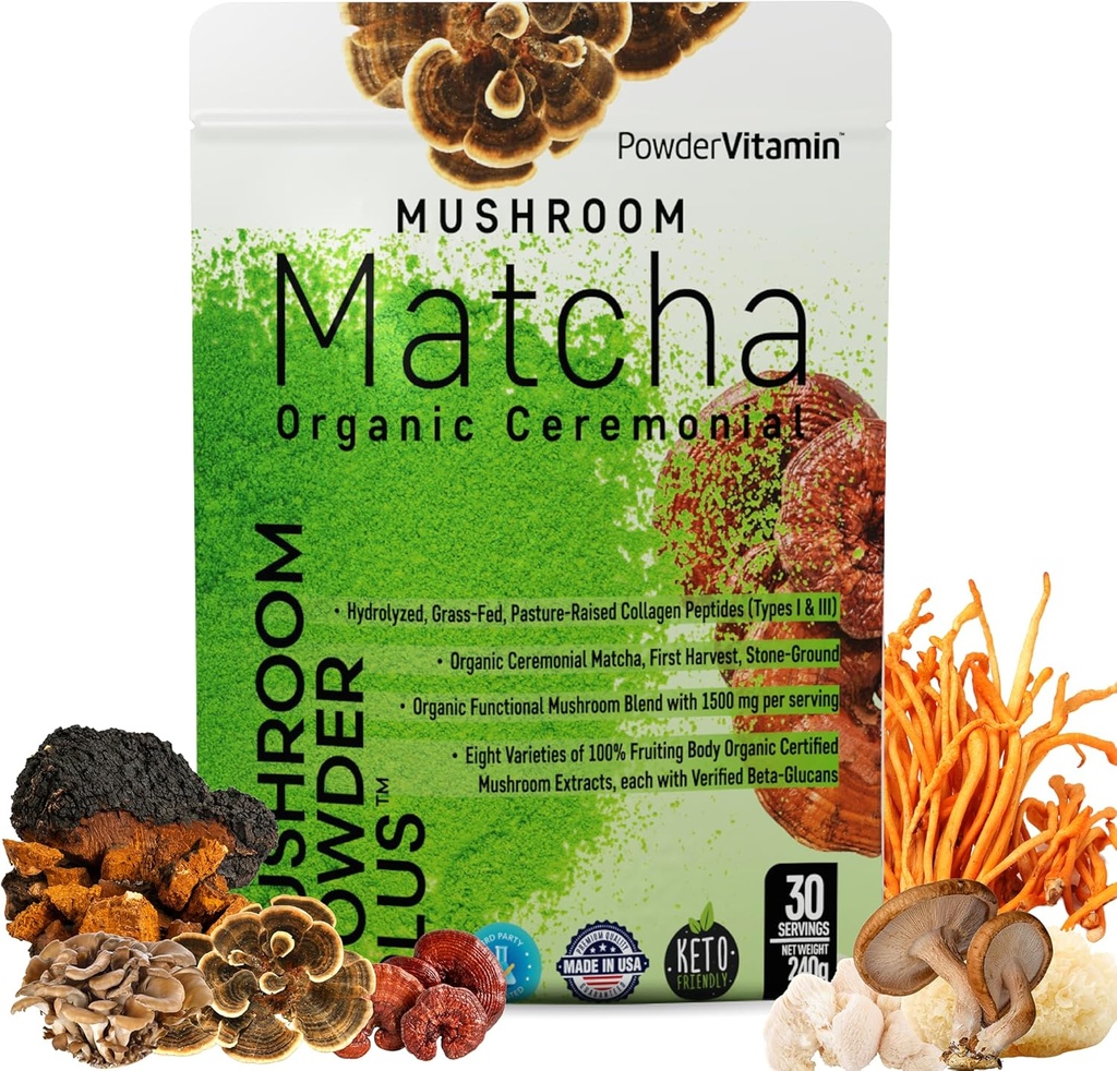 PowderVitamin Organic Ceremonial Mushroom Matcha Certified Pesticide- Free Grass- Fed Collagen Typer I & III 8 Fruiting Body Mushrooms Testet for Beta- Glucans Focus fordøjelse & Immunity 30 Serveringer