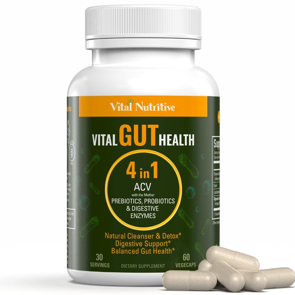 Vital Gut Health 4in1 Formel med Apple Cider Vinagra, Prebiotics & Probiotics, fordøjelsesenzymer for stærk Immunitet støtte og komplet Gut og fordøjelsesstøtte