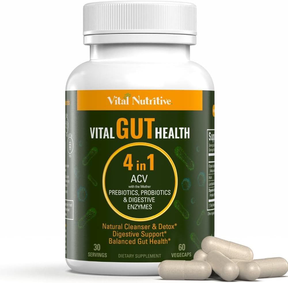 Vital Gut Health 4in1 Formel med Apple Cider Vinagra, Prebiotics & Probiotics, fordøjelsesenzymer for stærk Immunitet støtte og komplet Gut og fordøjelsesstøtte