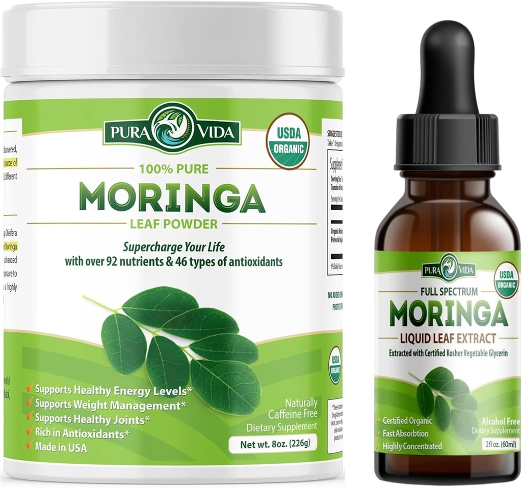 Moringa Powder Organic Single Origin (8 oz) og Moringa Leaf Extract Drops (2fl oz)
