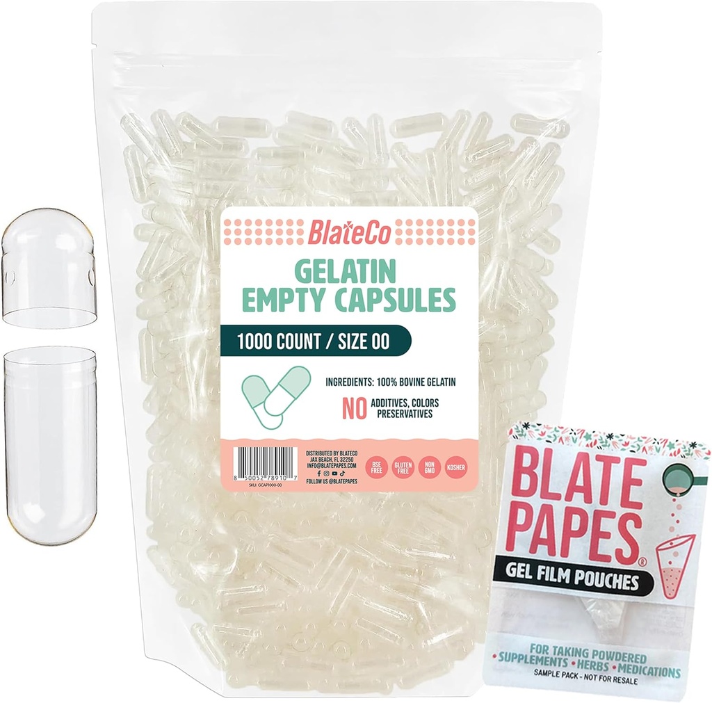 BlateCo Premium Størrelse 00 Tomme Gelatine kapsler, 1000 Greve (Clear) med Blaty Papes ® Gel Film Pouches - Ny, Non- GMO Fyldelig Pill Caps i en resealable pose - intet kunstigt, nogensinde.