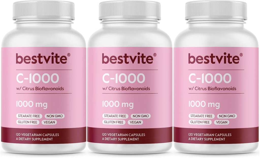 BESTVITE C 1000mg (360 vegetariske kapsler) (120 x 3) med Citrus Bioflavinoider - ingen stearater - Vegan - Ikke GMO - Gluten Free