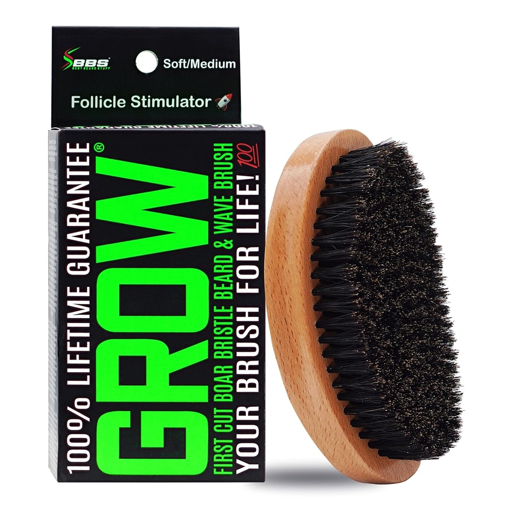 GROW vildsvin Brittle Beard Brush & 360 Wave Børst til mænd - Skæg og Mustache Vækstbørste - Skæg Børst til mænd & Follicle Stimulator - Exfoliate, Detangle & Boost Circulation - USA Made
