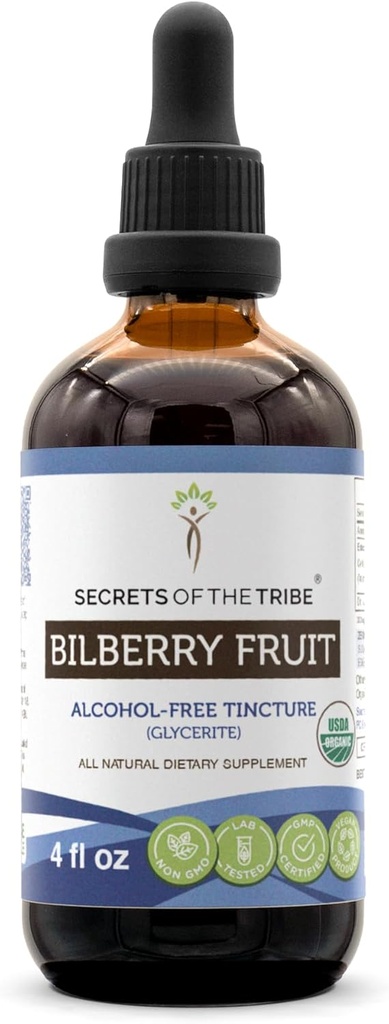 Secrets of the Tribe Bilberry Fruit USDA Organic Mezzogiorno 124; Alcohol- Free Extract, High- Potency Herbal Drops, Vision Mezzogiorno 124; Lavet af 100% Certificeret Organic Bilberry (Vaccinium Myrtillus) Tørret frugt 4 oz