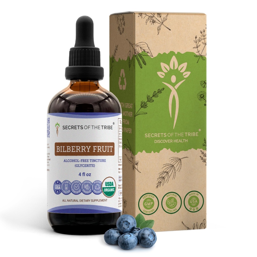 Secrets of the Tribe Bilberry Fruit USDA Organic Mezzogiorno 124; Alcohol- Free Extract, High- Potency Herbal Drops, Vision Mezzogiorno 124; Lavet af 100% Certificeret Organic Bilberry (Vaccinium Myrtillus) Tørret frugt 4 oz