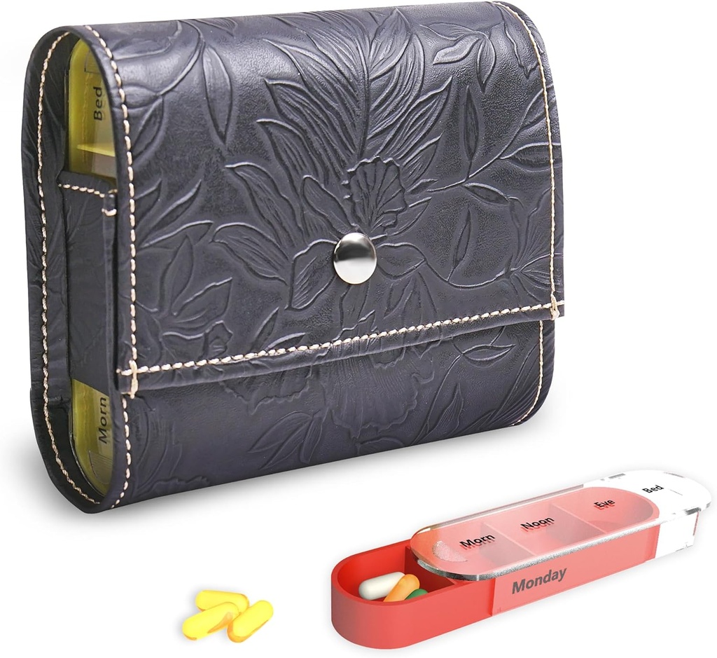 Pilleorganizer, LIZIMANDU Weekly Travel Pill Case Box Medication Reminder Daily AM PM, Day Night 7 Compartments, for 4 gange om dagen, 7 dage en Week- Inkluderer læder PU Carrying Case (1-Carved Black)