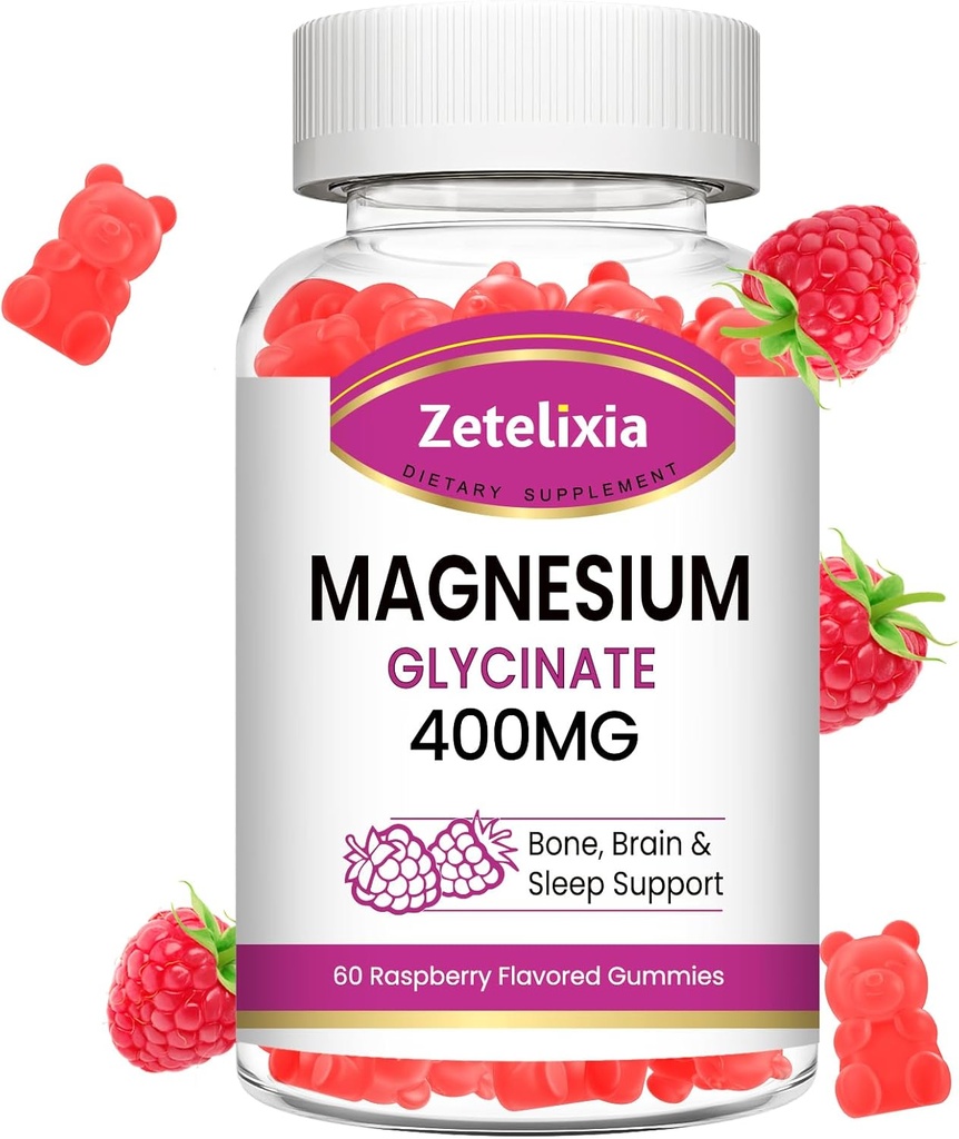 Magnesium Glycinate Gummies, Høj Absorption Magnesium Glycinate Kosttilskud til afslapning, Sukker Free Chews for voksne & Børn, Raspberry Flavor 60 Cts
