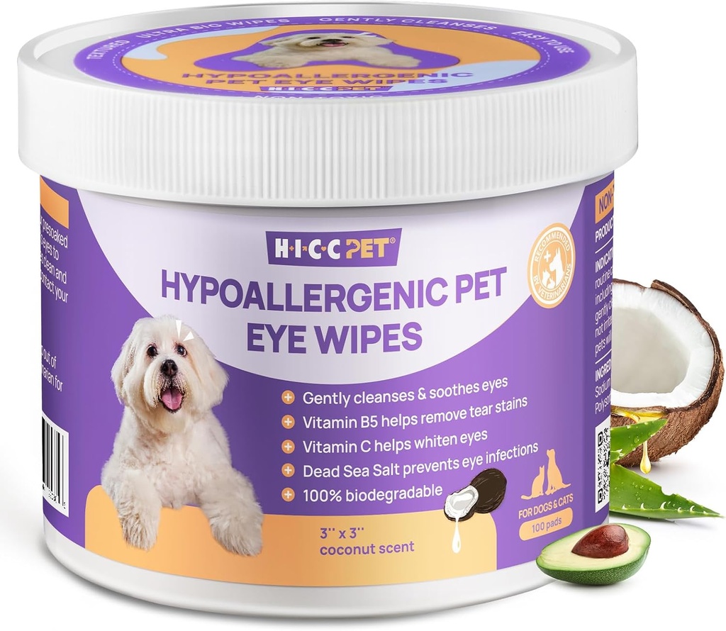 HICC PET øjne tørre for hunde & katte, Vet- Anbefalet hund øjeninfektion behandling, forsigtigt fjerne tåre spande, affald, udledning - Hypoallergen Pet Eye Vask Cleaner for øjne, Rynke, ansigt - 100pcs