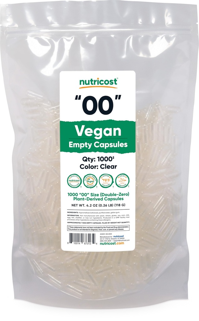Nutricost Empty Capsules Size 00 Vegan - 1,000 Clear Empty Plant-Based Capsules - Kosher Certified, Halal Certified, Non-GMO, Soy Free, Gluten Free, Vegetarian
