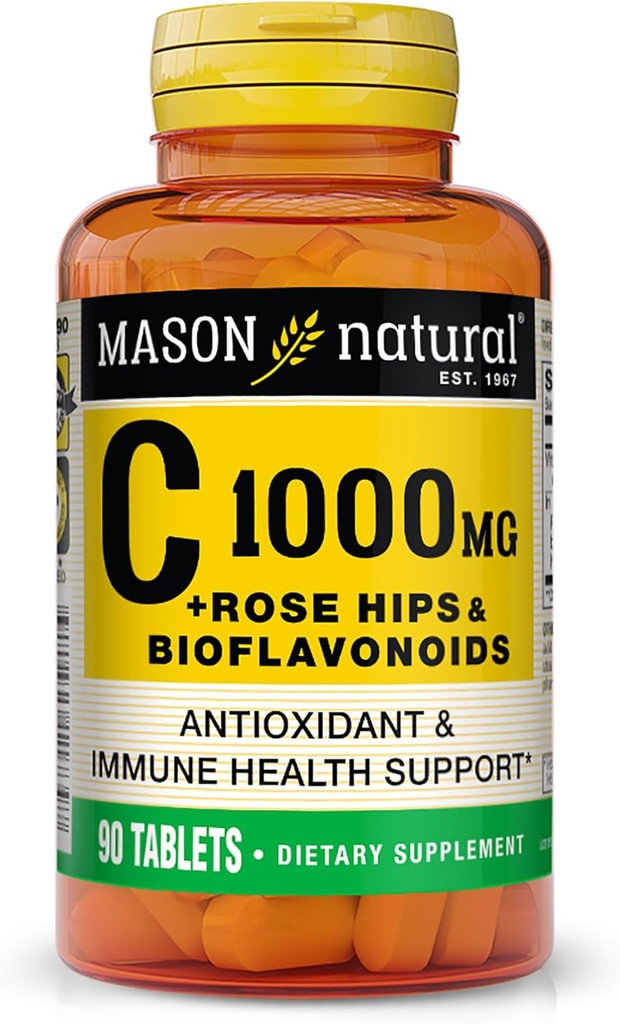 MASON NATURAL C 1000 mg Plus Rose HIPS og Bioflavonoider Complex - Understøtter et sundt immunsystem, antioxidant og essentiel ernæring, 90 tabletter