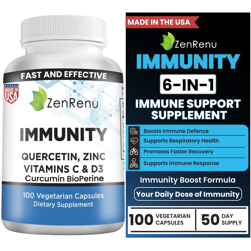 Zenrenu Immunity Quercetin 700 mg Zink Vitamin C Vitamin D Immunstøtte supplement med Curcumin - Let at Absorb Immunitet supplement, 100 Vegetariske kapsler 50 dages forsyning