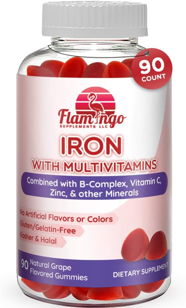Jern gummier: Ny Formel 20 mg jern per servering Plus C-vitamin, zink, B-kompleks. Iron Gummies for kvinder og mænd. Anæmi supplement til træthed, Prenatal Gravide - Vegan, Kosher- 90 Ct