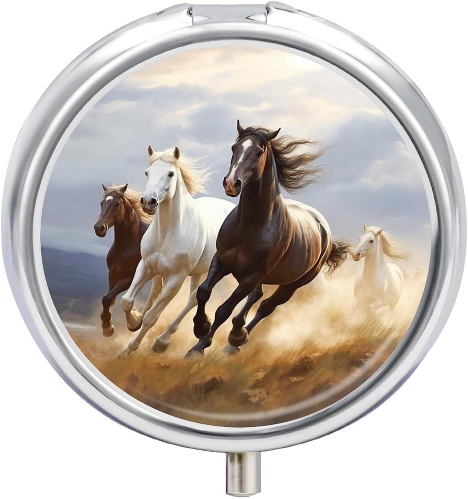 Heste, der kører Art Pill Case 3 Segment Portable Pill Box Daily Round Pill Organizer for Pocket Purse Daily Medicine Container til at holde Vitamin Fish Oil Travel Gaver